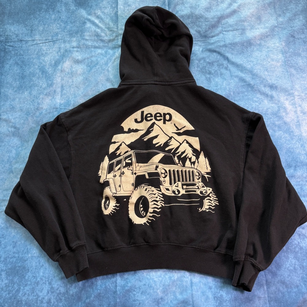 Jeep Womens Black Graphic Hoodie Mountain Off Road Cropped Sweatshirt Size M